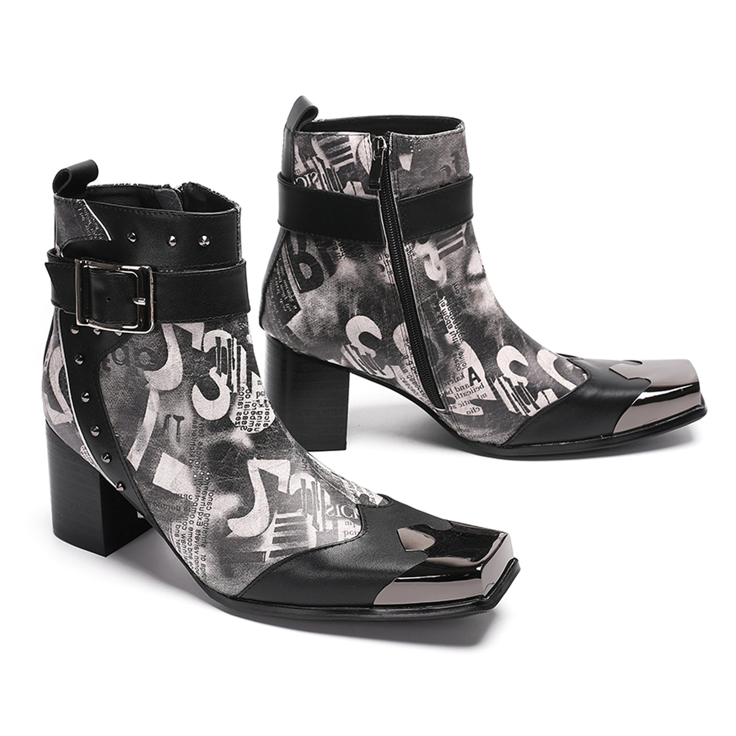 Mens Metal Square Toe Buckle Printed Leather Ankle Western Boots