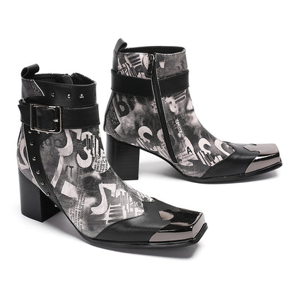 Mens Metal Square Toe Buckle Printed Leather Ankle Western Boots