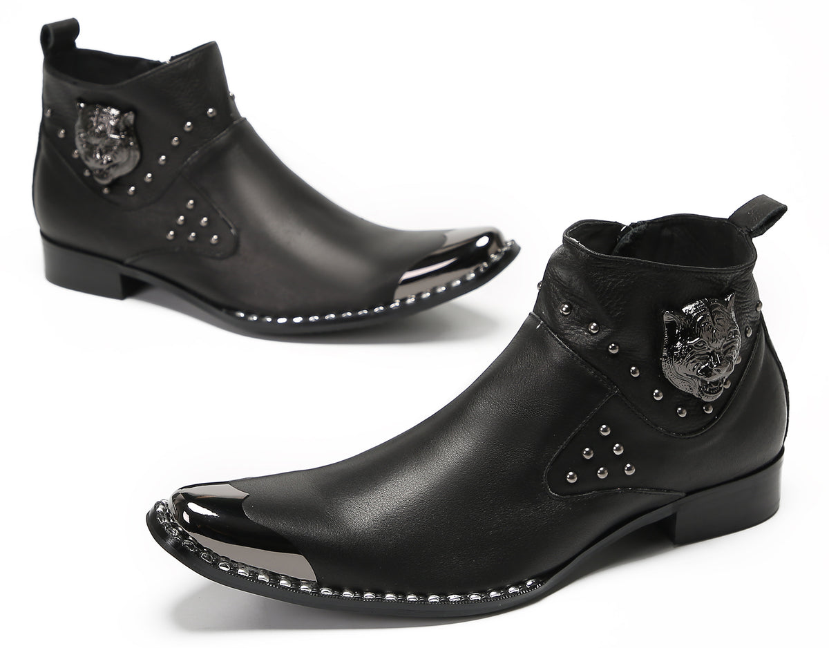 Mens Genuine Leather Matel Sqaure Toe Zipper Beads Ankle Western Boots
