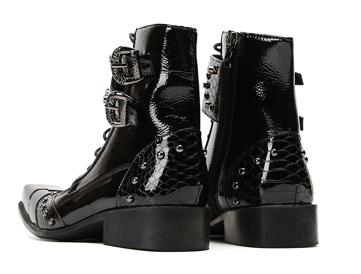 Mens Metal Square Toe Zipper Buckles Cowboy Western Boots