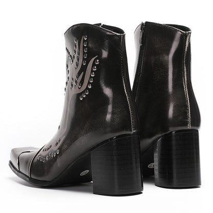 Mens Leather Metal Square Toe Flame Studded Dress Ankle Western Boots