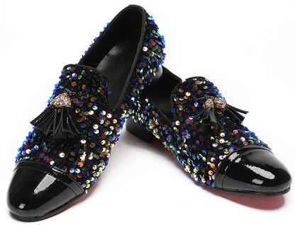 Mens Glitter Sequins Tassels Prom Party Western Loafers