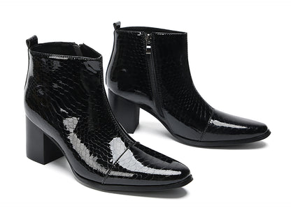 Mens Black Glossy Patent Leather Snake Print Block Heel Ankle Boots