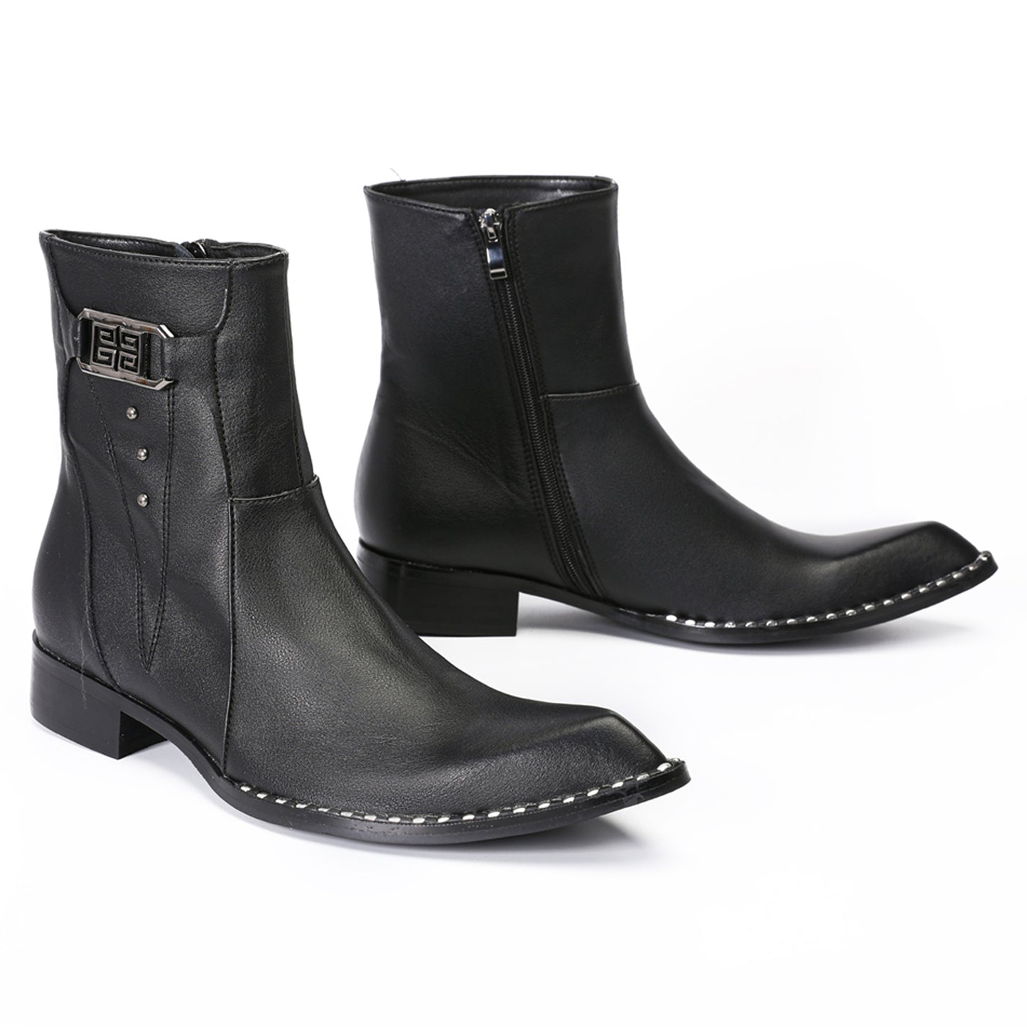 Mens Top-Grain Leather Side Zip Western Cowboy Ankle  Boots