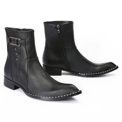 Mens Top-Grain Leather Side Zip Western Cowboy Ankle  Boots