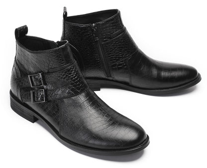 Mens Genuine Leather Dress Casual Zipper Buckles Ankle Boots