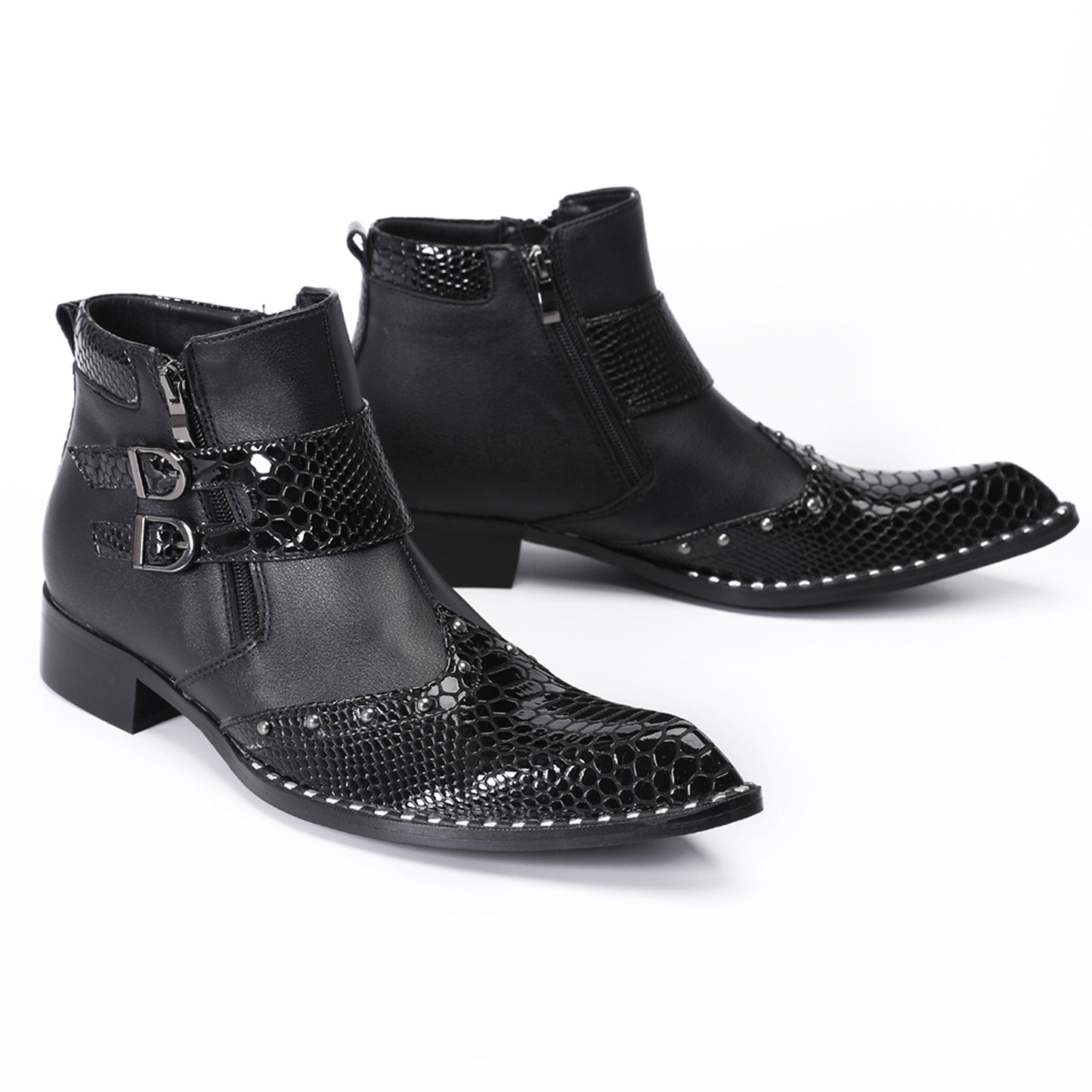 Mens Top-Grain Leather Pointed Toe Buckle Western Cowboy Ankle Boots