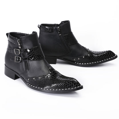 Mens Top-Grain Leather Pointed Toe Buckle Western Cowboy Ankle Boots