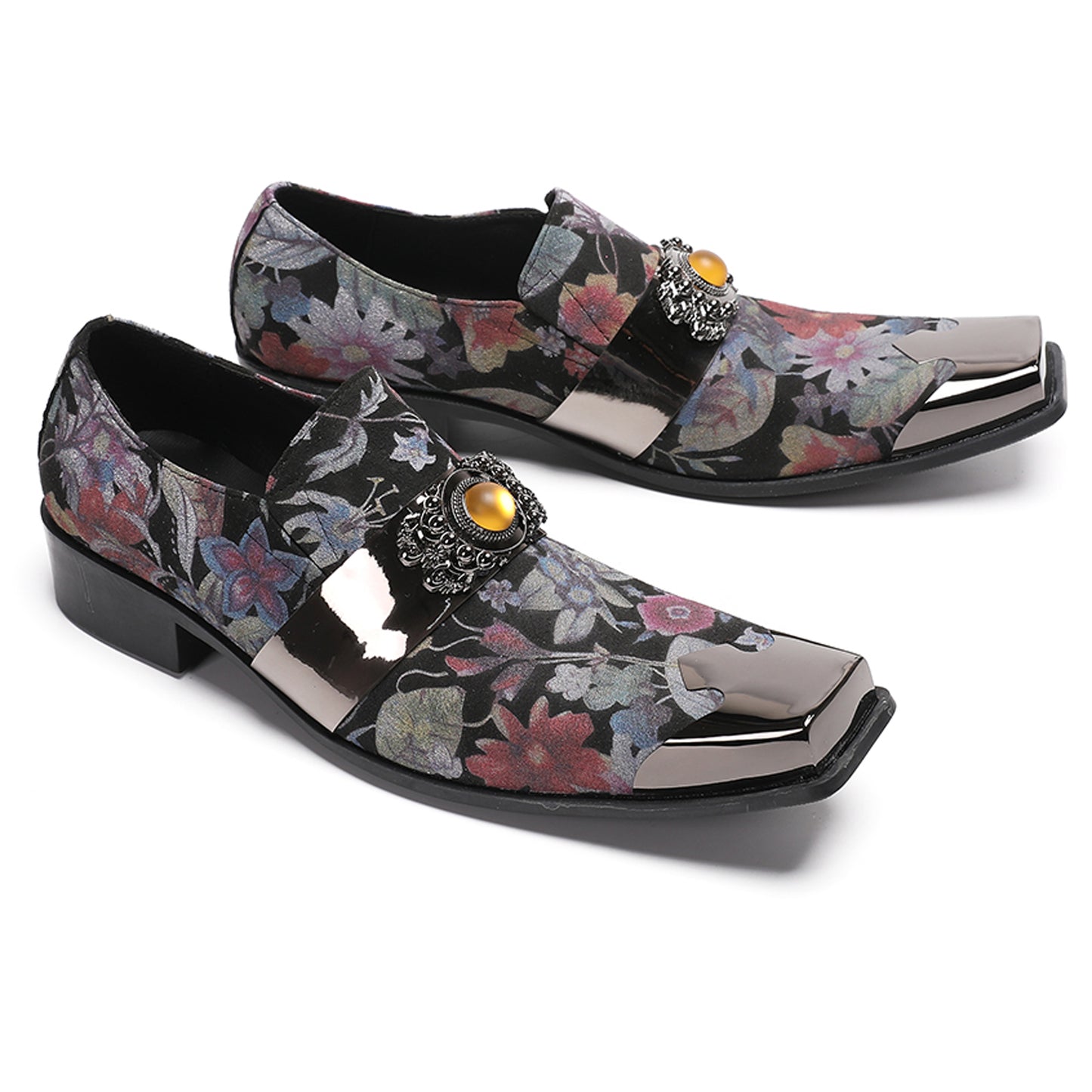 Men¡¯s Handmade Floral Top-Grain Leather Metal Square Toe Loafers
