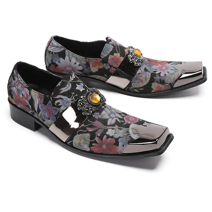 Men¡¯s Handmade Floral Top-Grain Leather Metal Square Toe Loafers