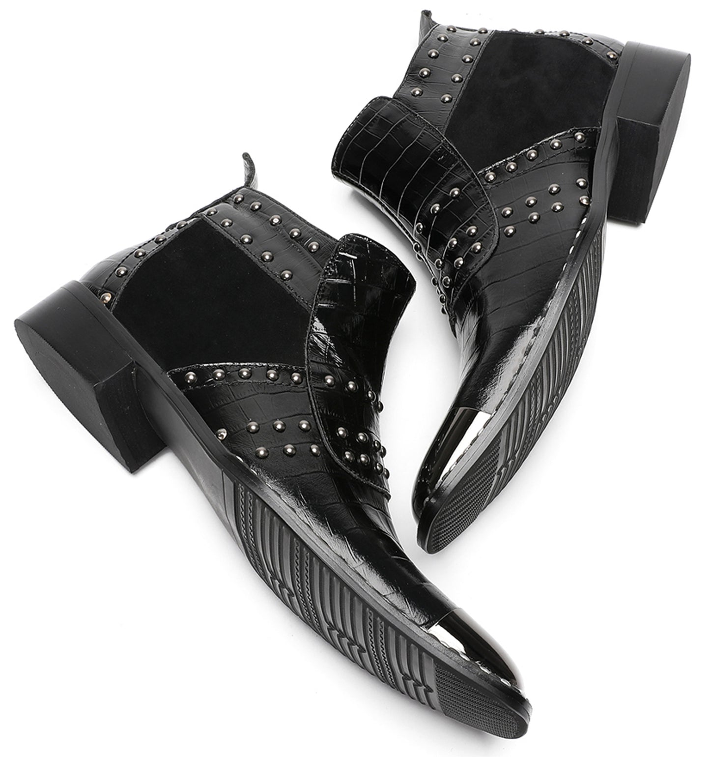 Mens Genuine Leather Metal Square Toe Side Zipper Beads Plaid Ankle Western Boots