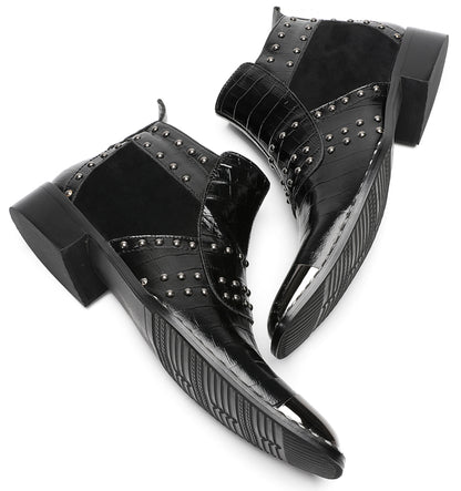 Mens Genuine Leather Metal Square Toe Side Zipper Beads Plaid Ankle Western Boots