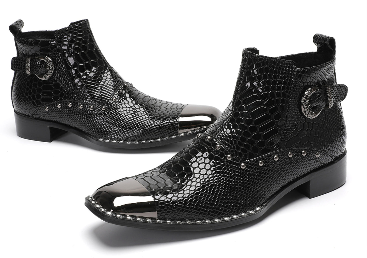 Mens Genuine Leather Snakeskin Texture Metal Square Toe Beads Western Boots