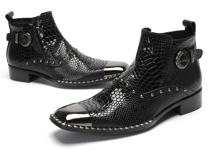 Mens Genuine Leather Snakeskin Texture Metal Square Toe Beads Western Boots