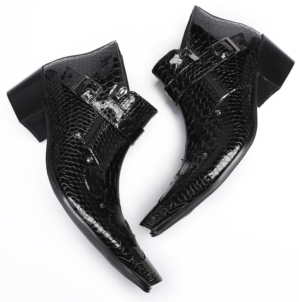 Mens Snakeskin Texture Metal Toe Double Zipper Ankle Western Boots