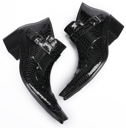 Mens Snakeskin Texture Metal Toe Double Zipper Ankle Western Boots