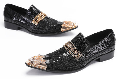 Mens Disco Party Casual Gold Chain Metallic Tip Western Loafers