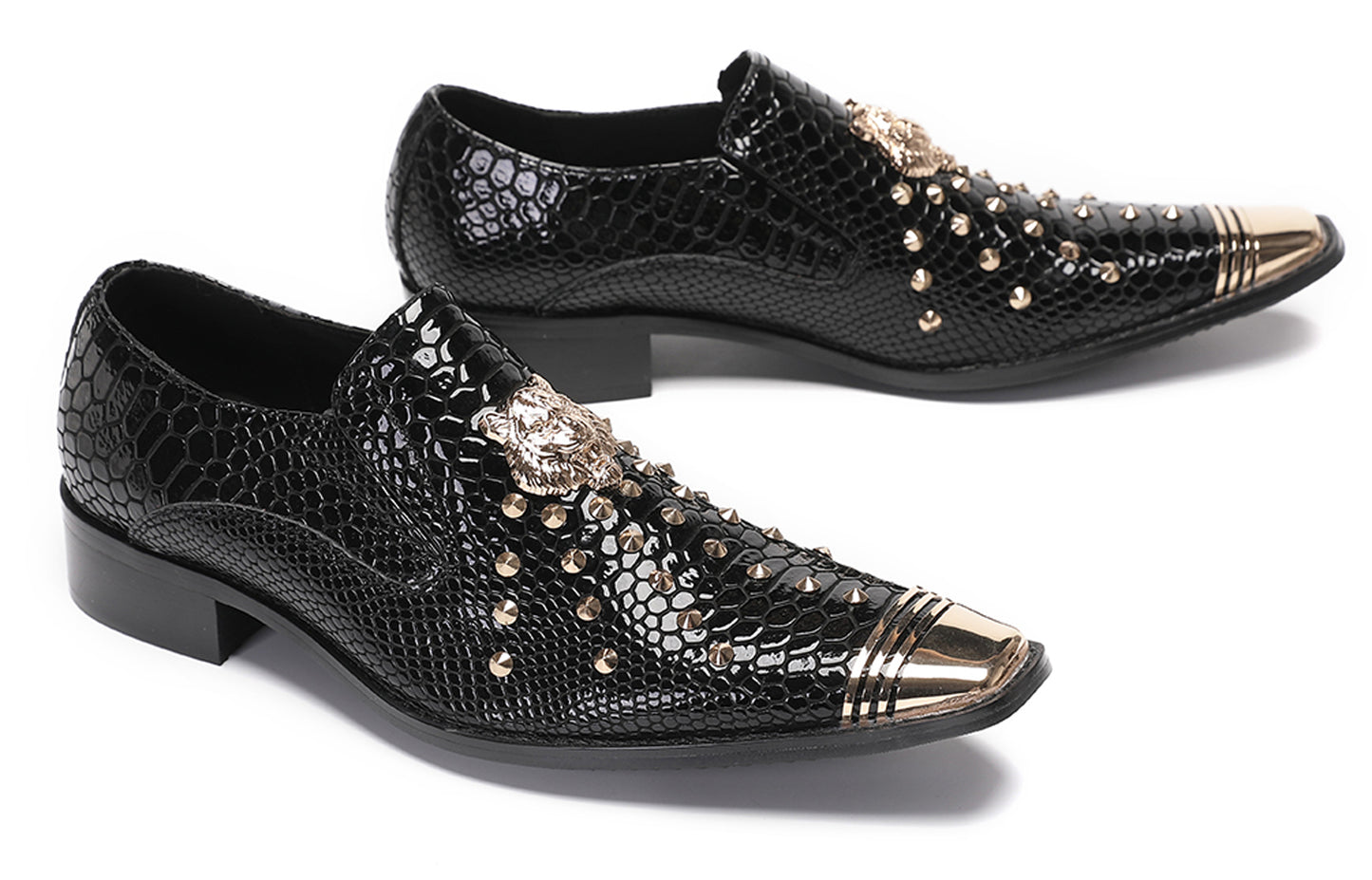 Mens Genuine Leather Snake Skin Texture Gold Glitter Beaded Western Loafers