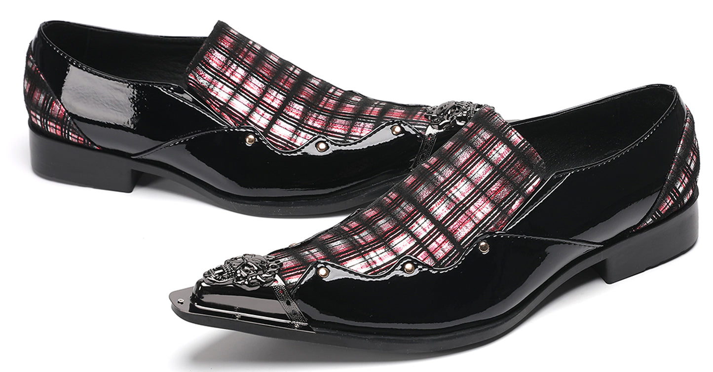 Mens Metallic Toe Unique Tartan Design Plaid Western Loafers