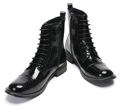 Mens  Black Glossy Patent Leather Square Toe Western Oxfords Boots
