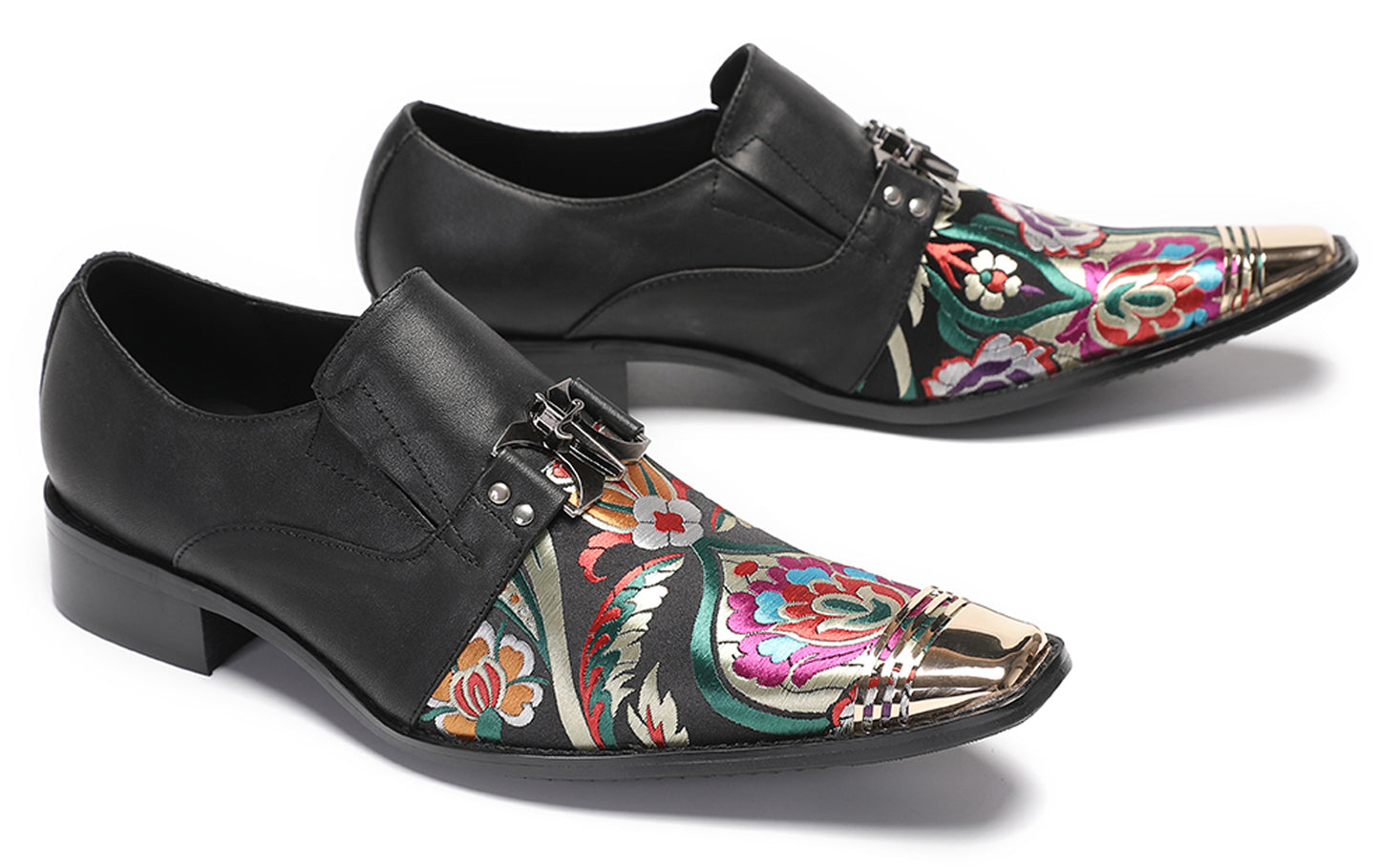 Mens Genuine Leather Slip On Buckle Floral Embroidery Western Loafers