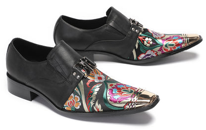 Mens Genuine Leather Slip On Buckle Floral Embroidery Western Loafers