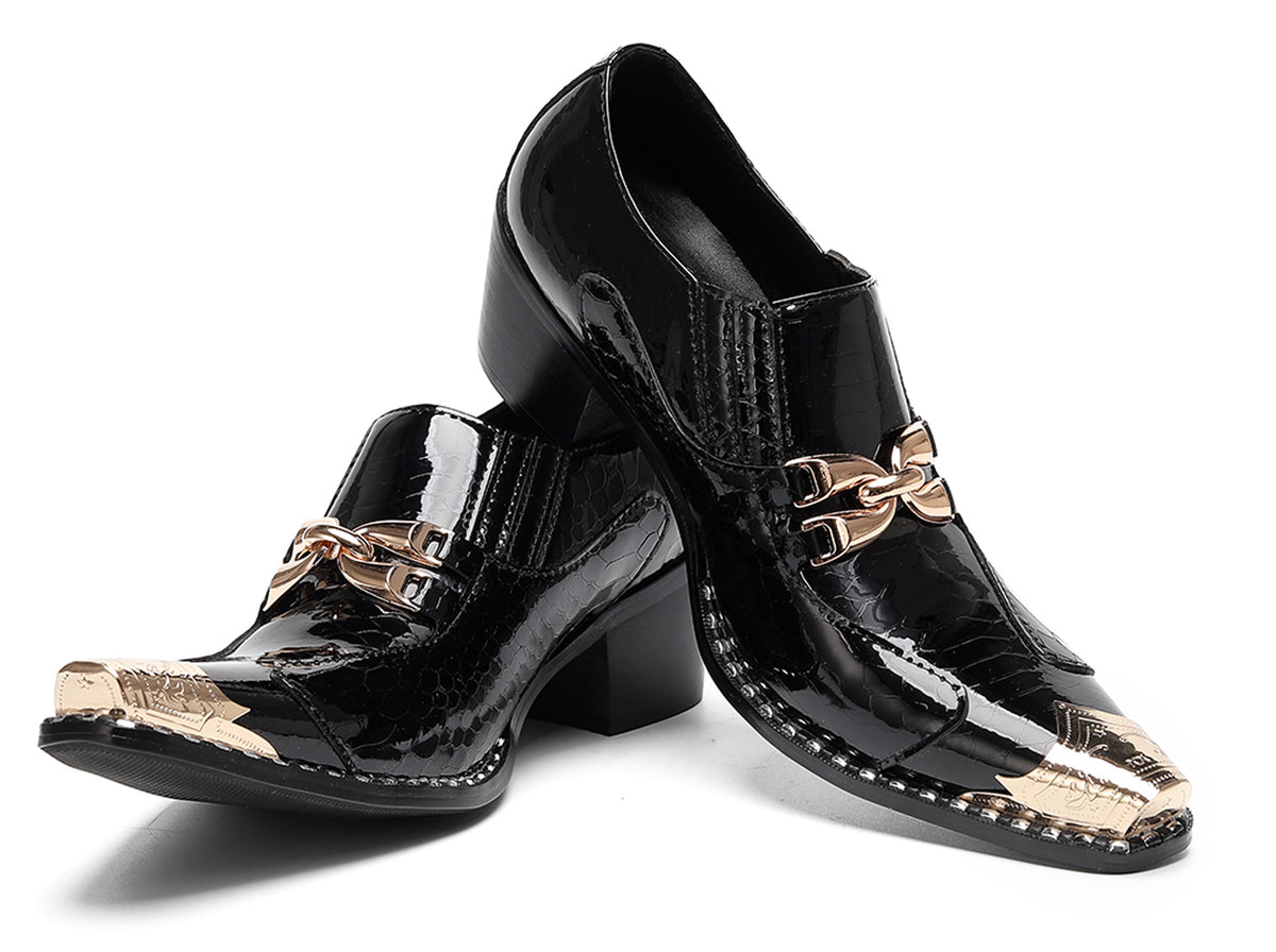 Mens Metal Tip Toe Chain Buckle Exotic Crocodile Pattern Western Loafers