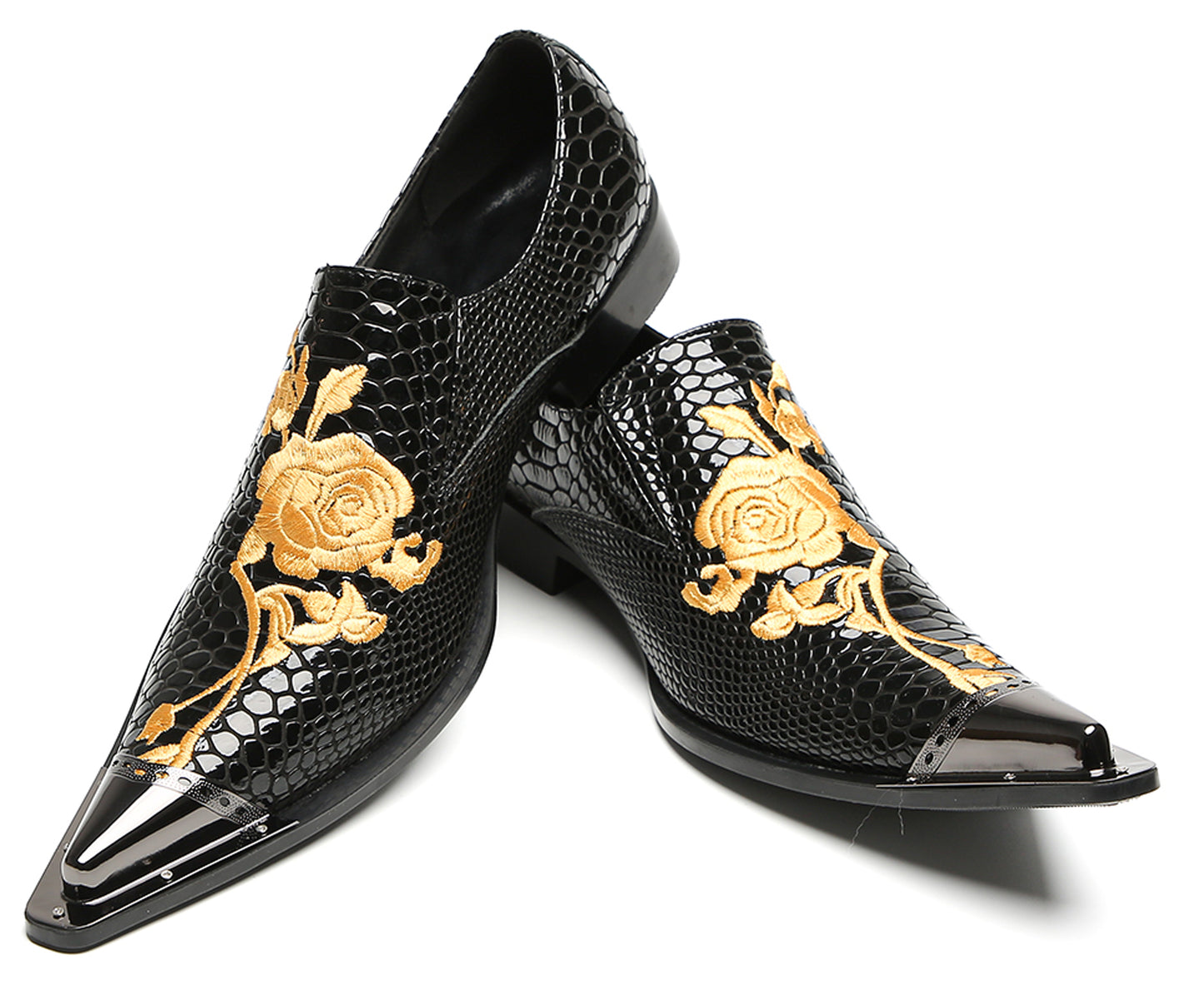 Mens Embroidered Rose Snake Pattern Patent Leather Western Loafers