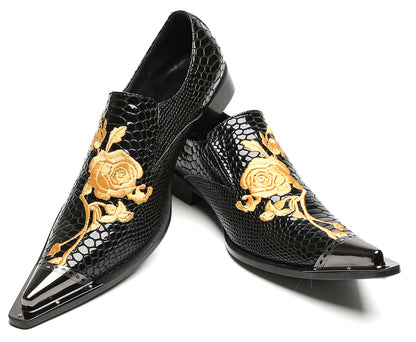 Mens Embroidered Rose Snake Pattern Patent Leather Western Loafers