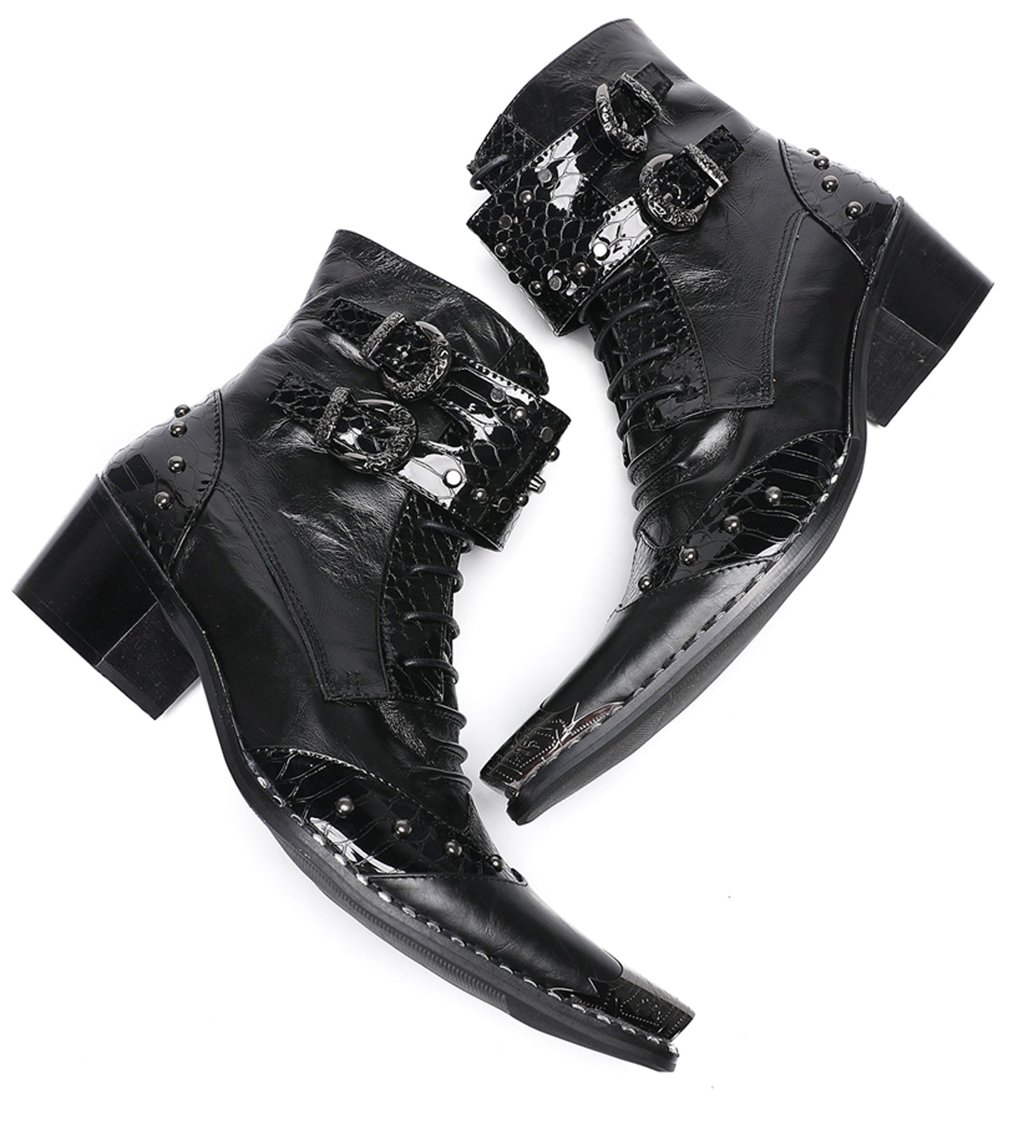Mens Genuine Leather Metal Pointed Toe Belt Buckles Cowboy Western Boots