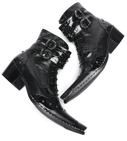 Mens Genuine Leather Metal Pointed Toe Belt Buckles Cowboy Western Boots