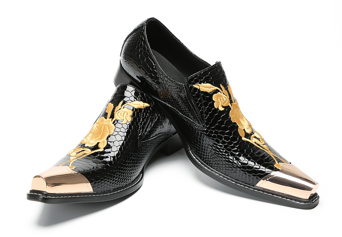 Mens Embroidered Gold Metal Toe Dress Western Loafers