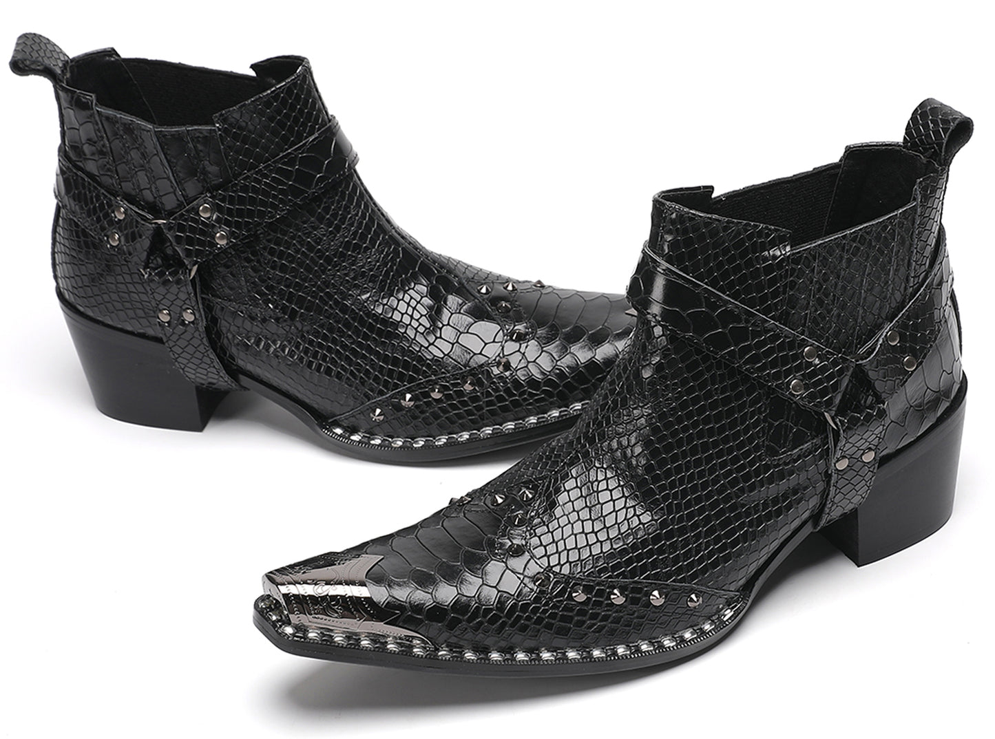 Mens Metallic Detail Snakeskin Abstract Print Ankle Western Boots