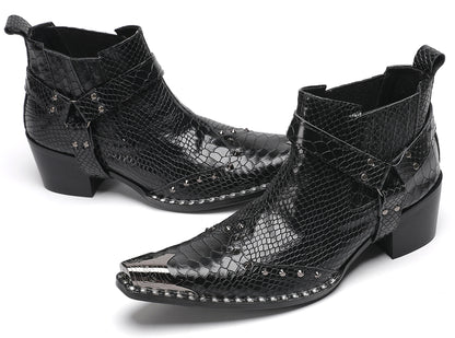 Mens Metallic Detail Snakeskin Abstract Print Ankle Western Boots