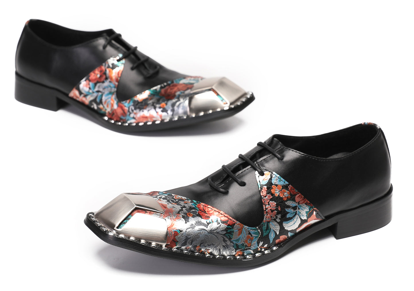 Mens Metal-Square Toe Leather Two-Toned Western Oxfords
