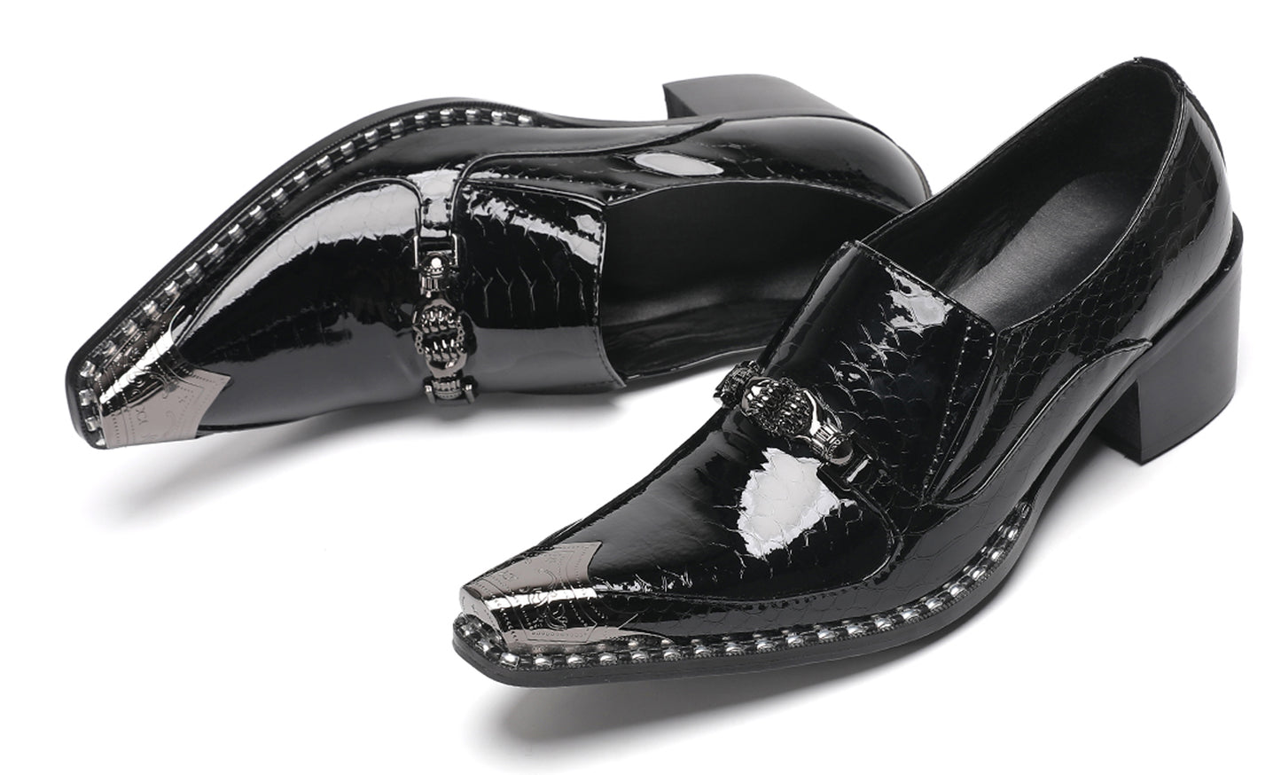 Mens Metal Pointed Toe Block Heel Party Western Loafers
