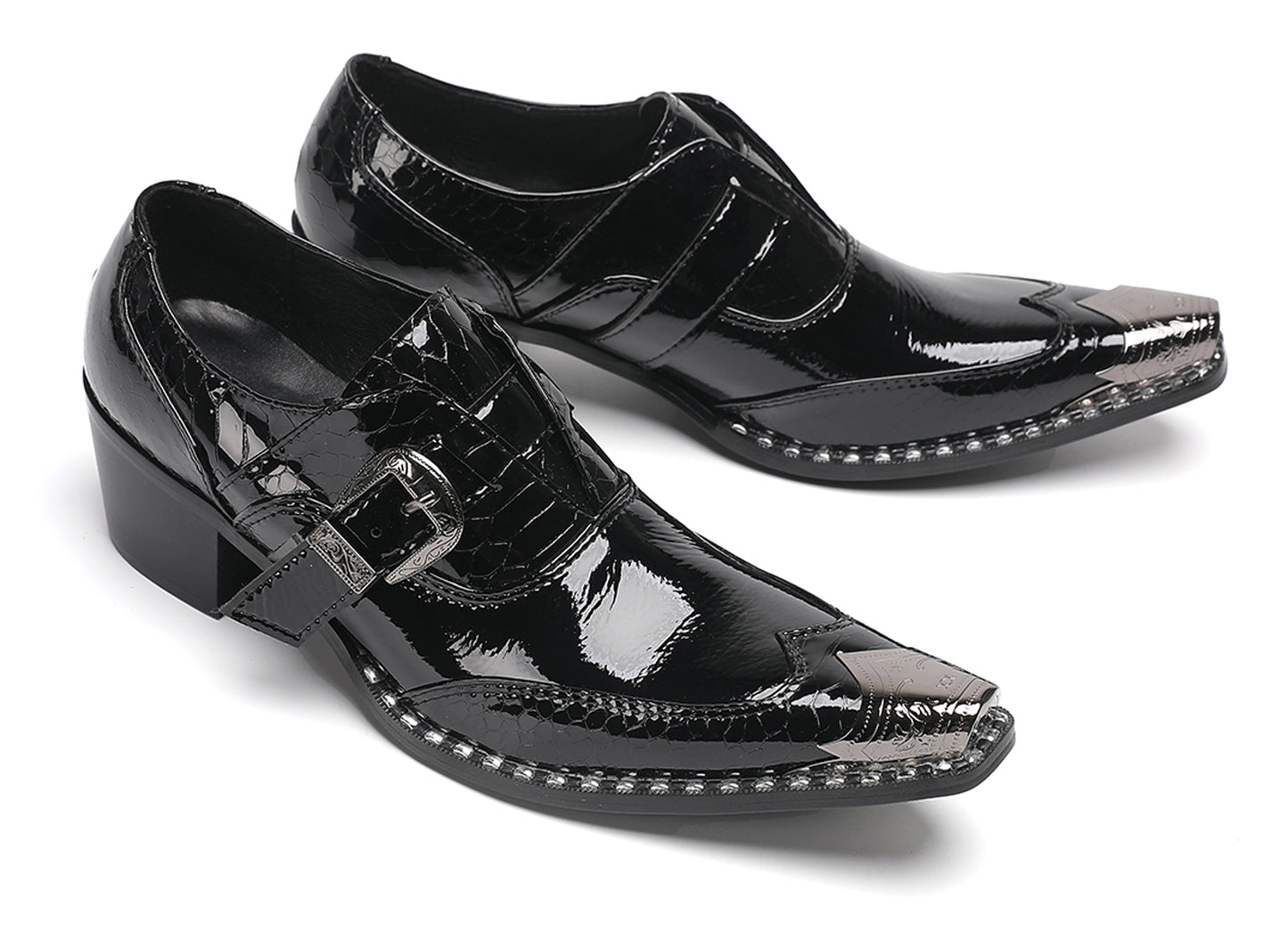 Mens Black Glossy Leather Buckle Detail Dress Western Loafers