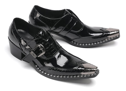 Mens Black Glossy Leather Buckle Detail Dress Western Loafers