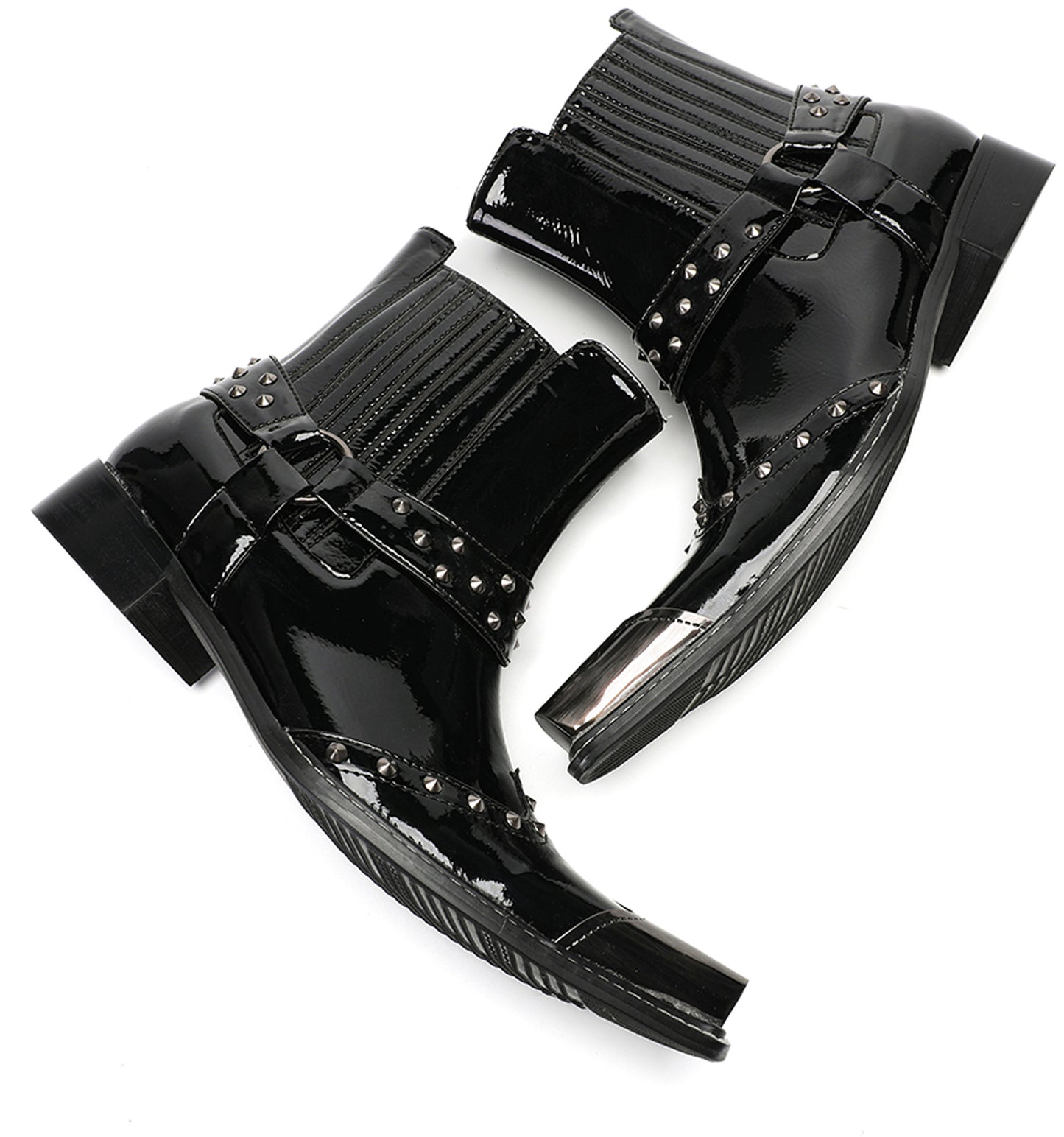 Mens Top-Grain Leather Studded Strap & Side Zipper Cowboy Western Boots