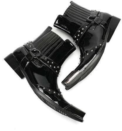 Mens Top-Grain Leather Studded Strap & Side Zipper Cowboy Western Boots