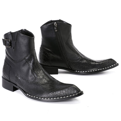 Mens Top-Grain Leather Snake-Embossed Western Ankle Boots