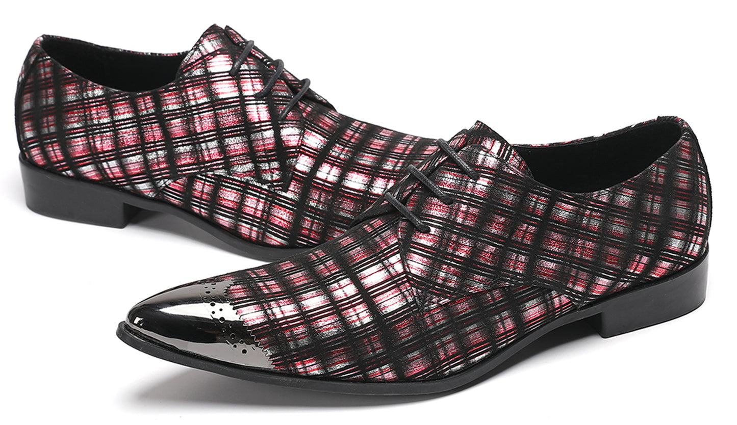 Mens Plaid Patent-Leather Dress Casual Metal Toe Western Oxfords