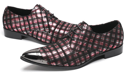 Mens Plaid Patent-Leather Dress Casual Metal Toe Western Oxfords