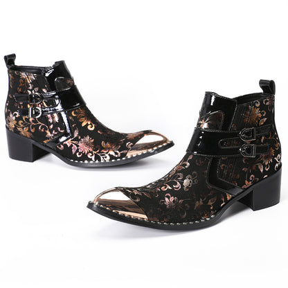 Mens Floral Leather Metal Pointed Toe Buckle Ankle Western Boots