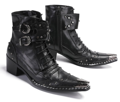 Mens Genuine Leather Metal Toe Buckles Zipper Cowboy Western Boots