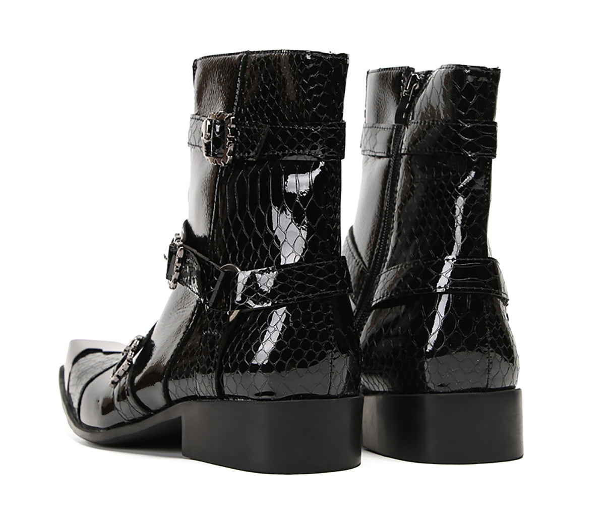 Mens Genuine Leather Dress Casual Metal Square Toe Buckles Cowboy Western Boots
