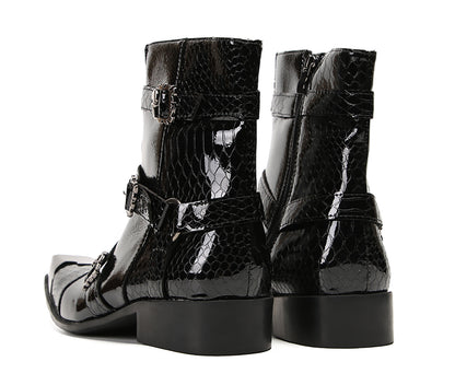 Mens Genuine Leather Dress Casual Metal Square Toe Buckles Cowboy Western Boots