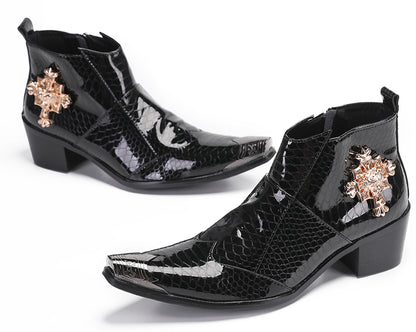 Mens Genuine Leather Snakeskin Pattern Metal Toe Zipper Ankle Western Boots