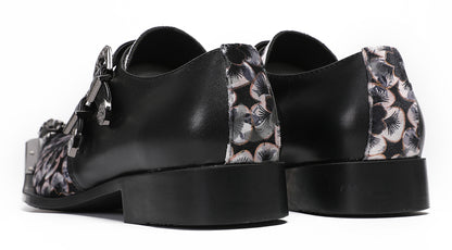 Mens Double Buckle Flower Embroidery Two-Tone Western Loafers