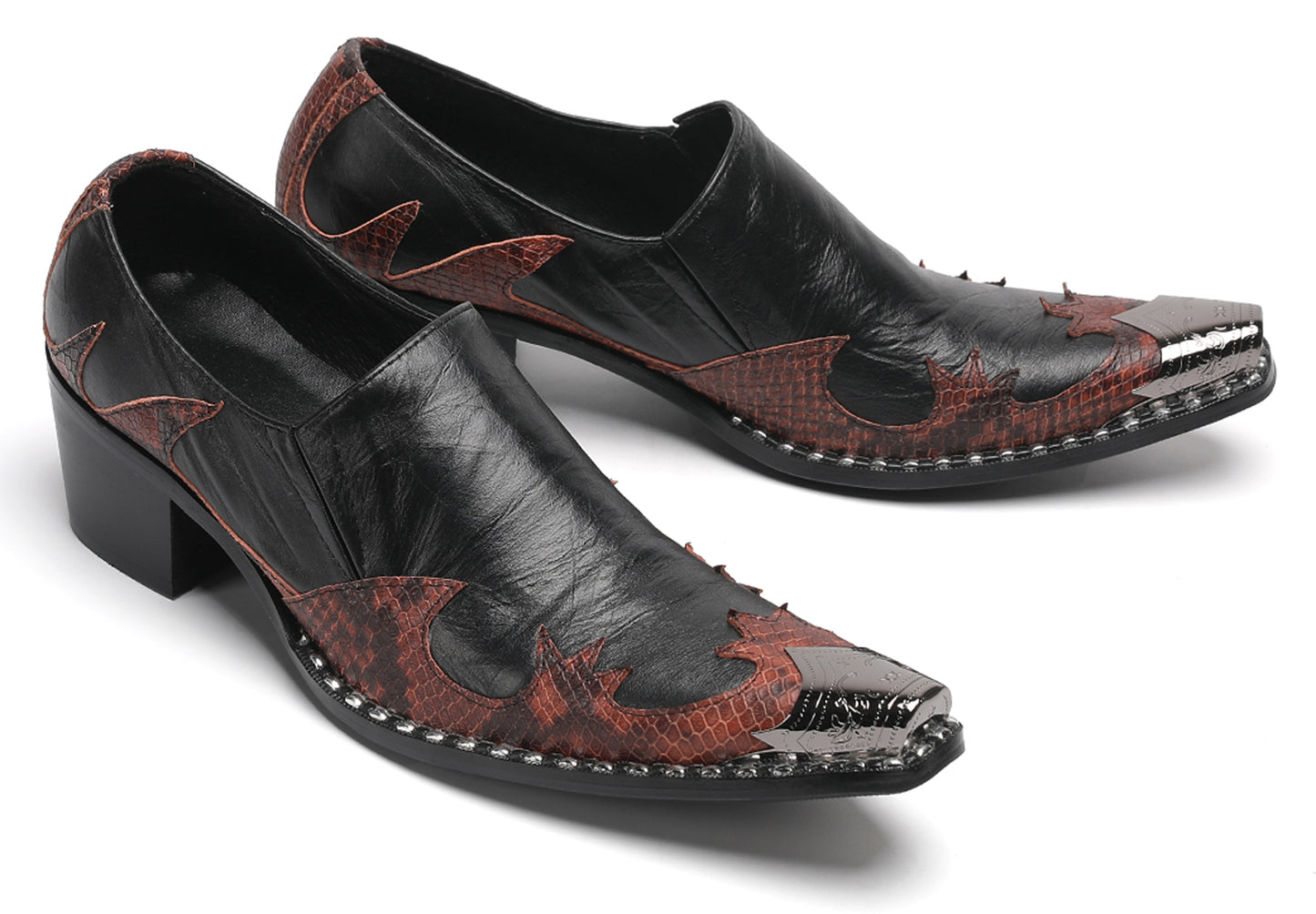 Mens Genuine Leather Metal Pointed Toe Two Tone Western Loafers